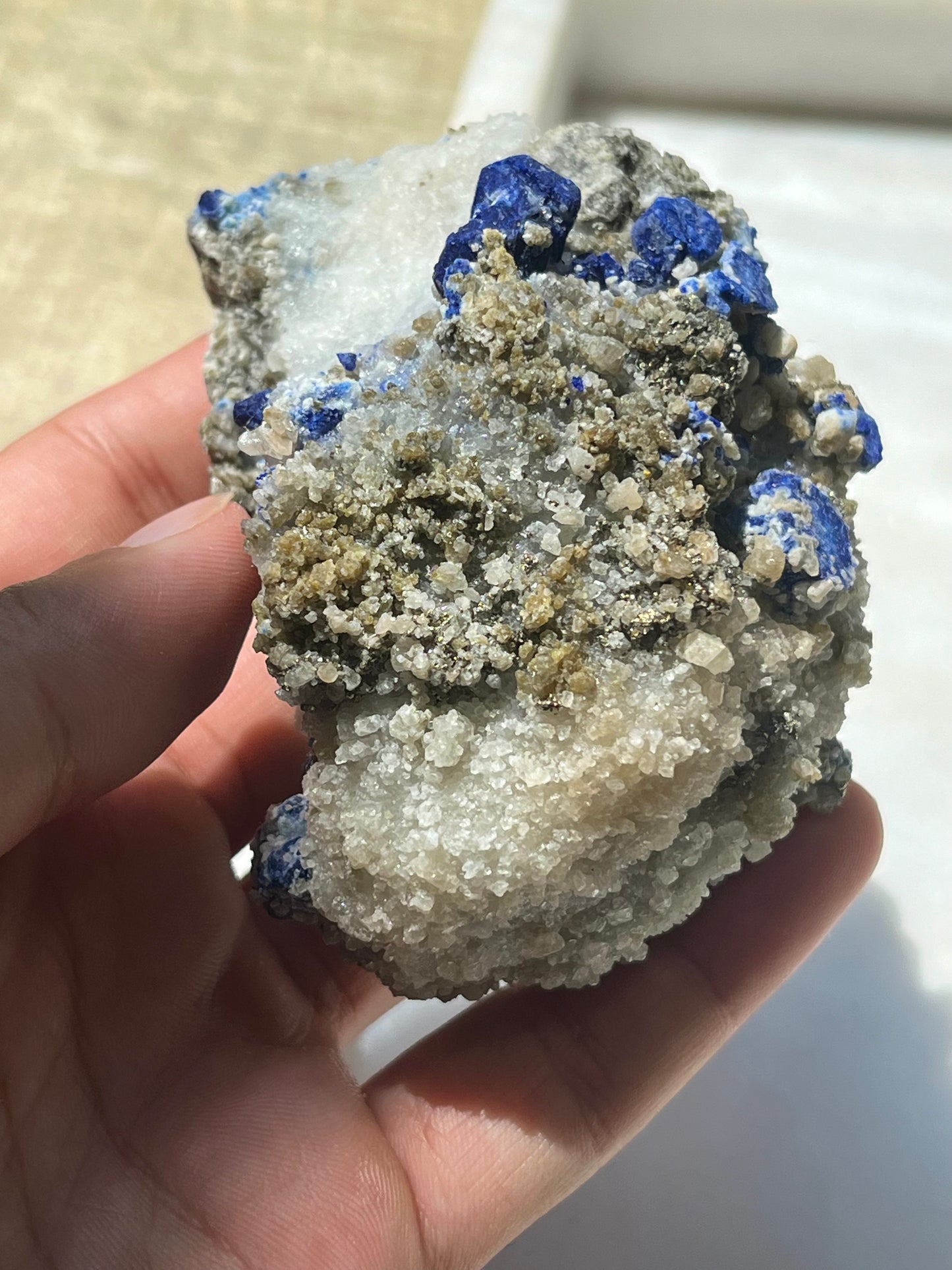 Lazurite specimen on white marble matrix w/ pyrite (Quality 2) - Lot 4