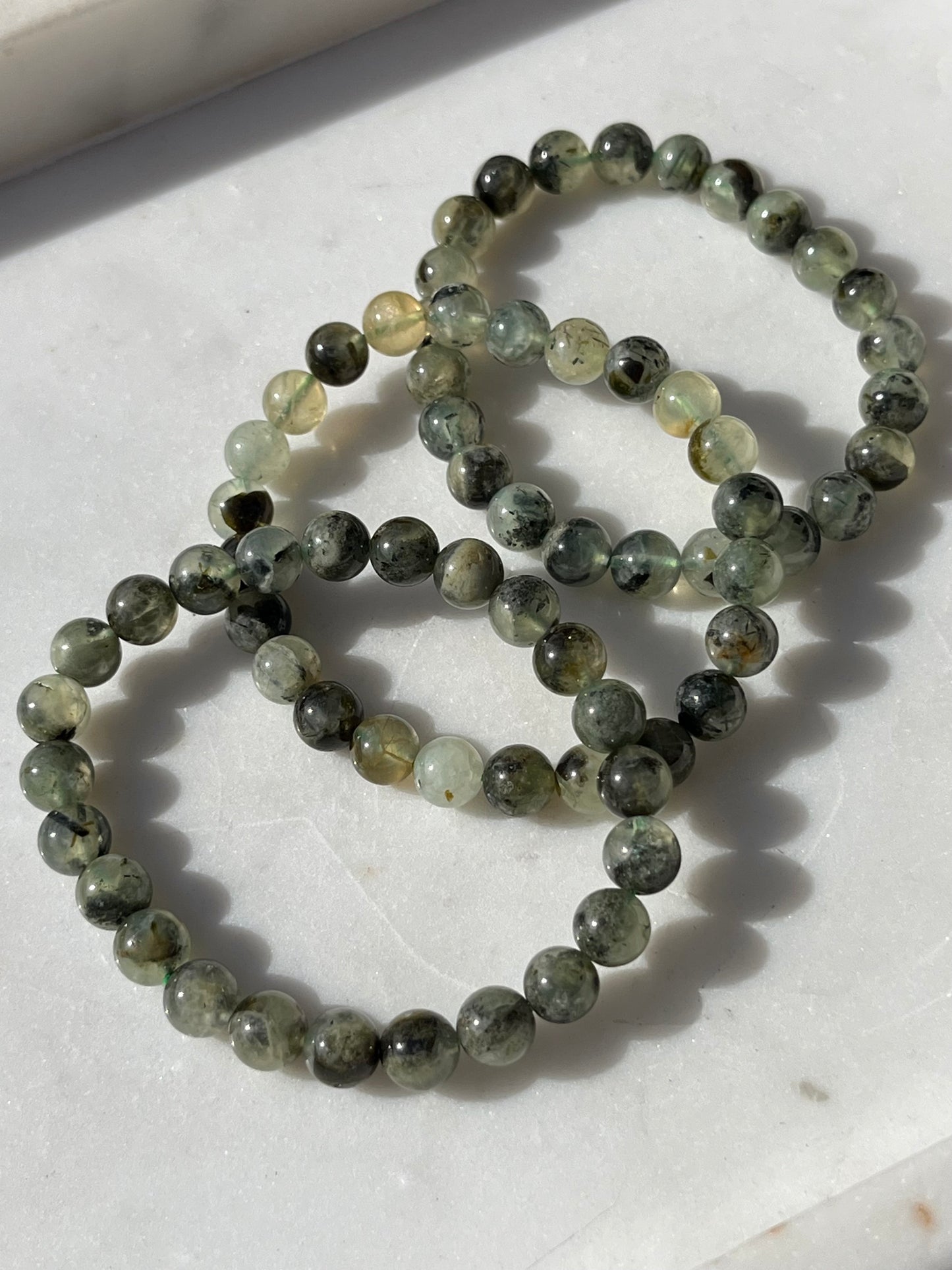 Prehnite with Epidote Inclusions 8mm Bead Bracelet