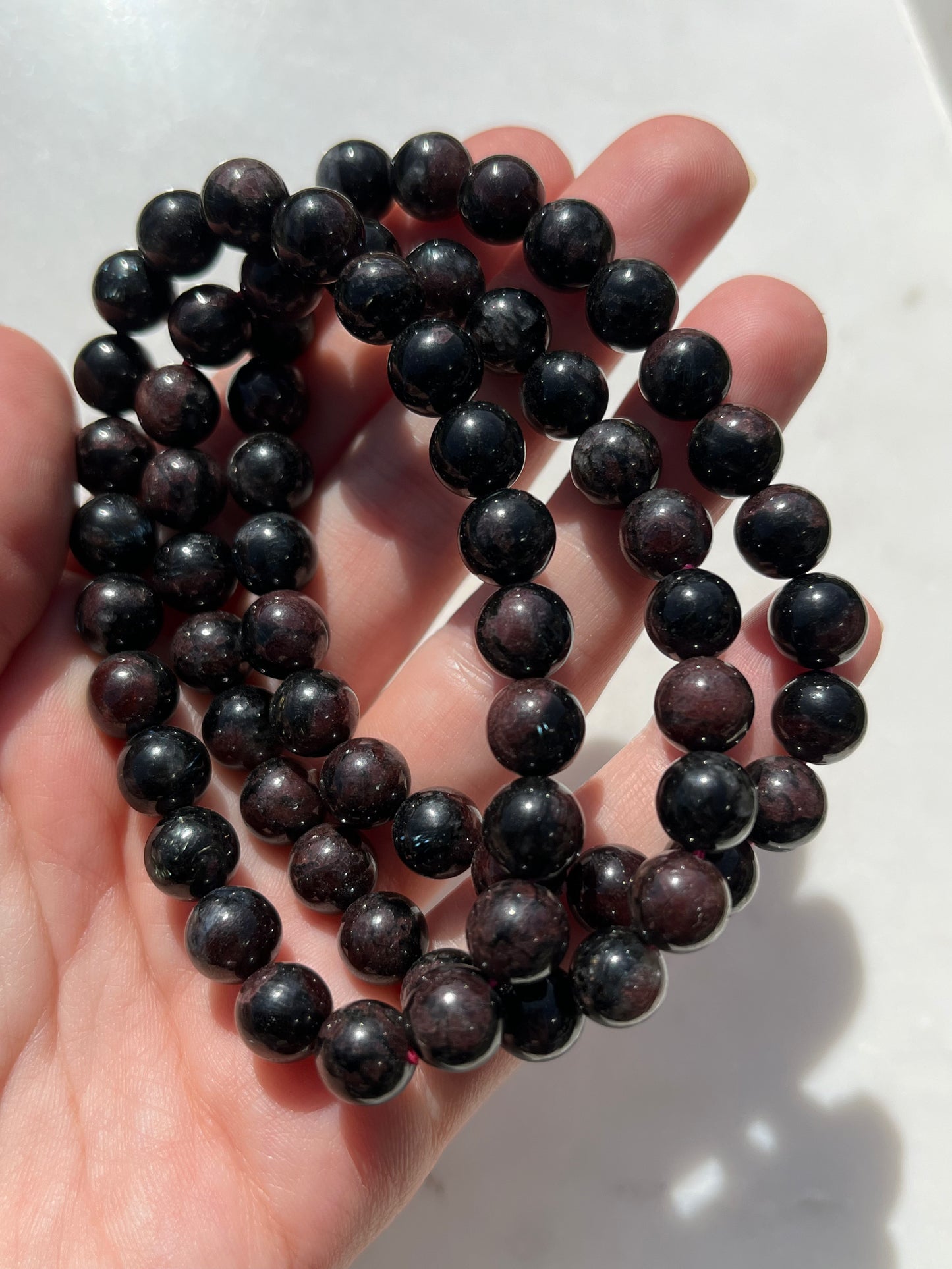 Arfvedsonite and Garnet 8mm Bead Bracelet