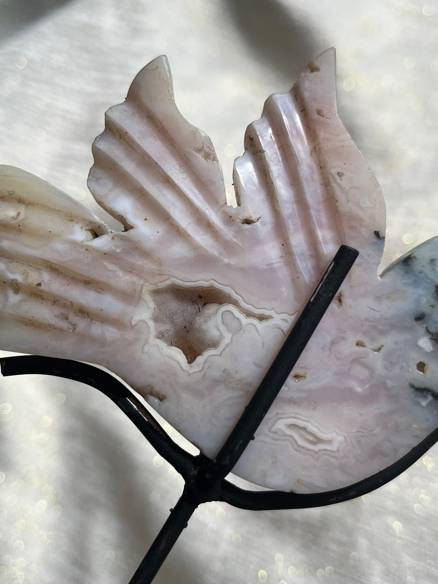 Druzy Pink Plume Agate Bird Carving on Stand