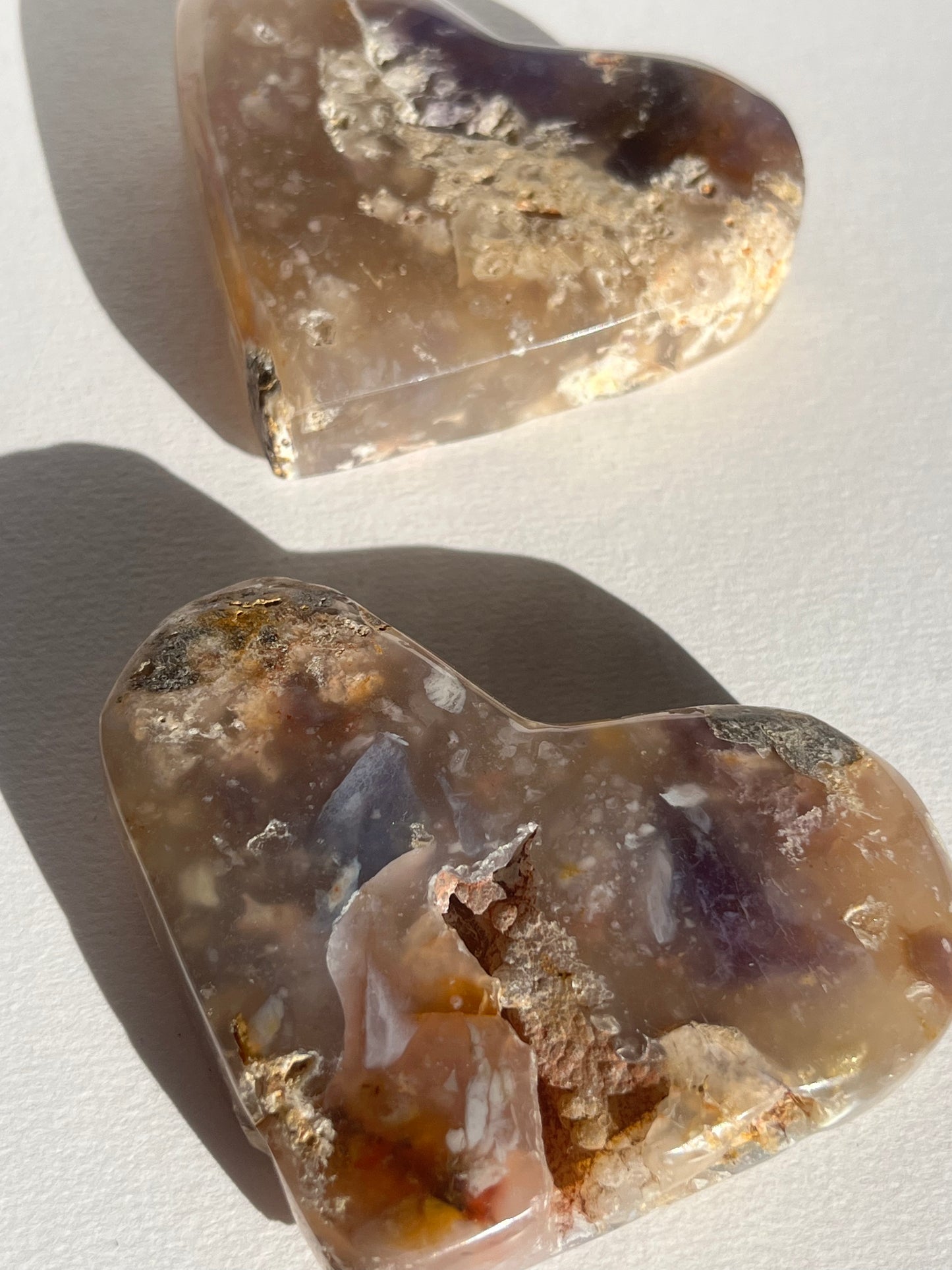 Purple Chalcedony with Flower Agate Heart Carving Set (2 pieces)