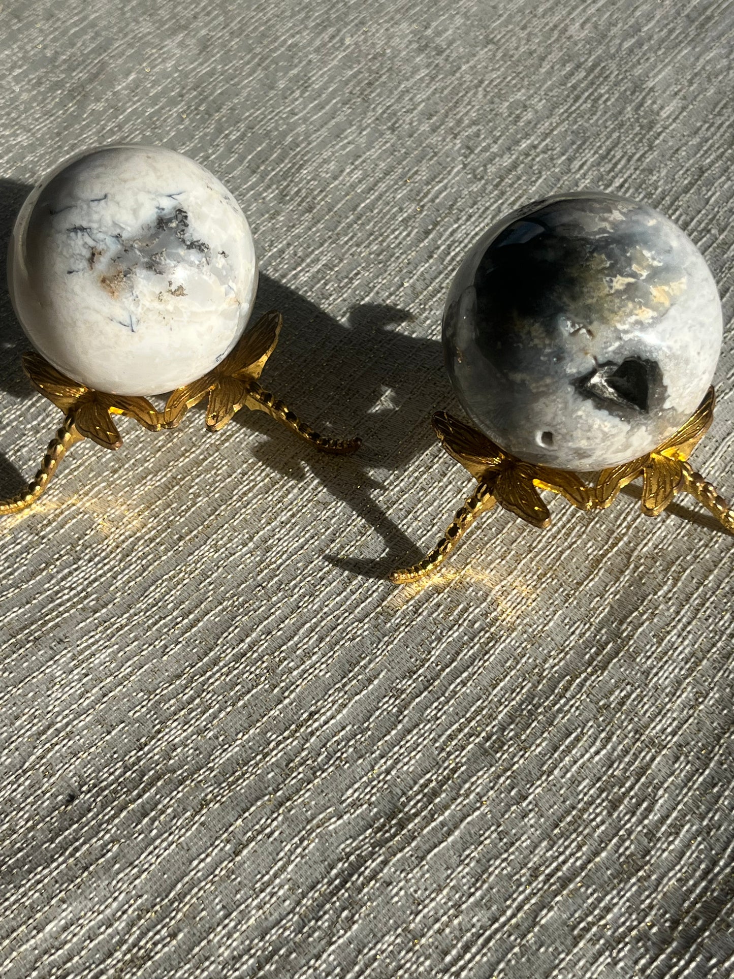 Snow Agate & Storm Plume Agate Sphere Set (2 spheres)