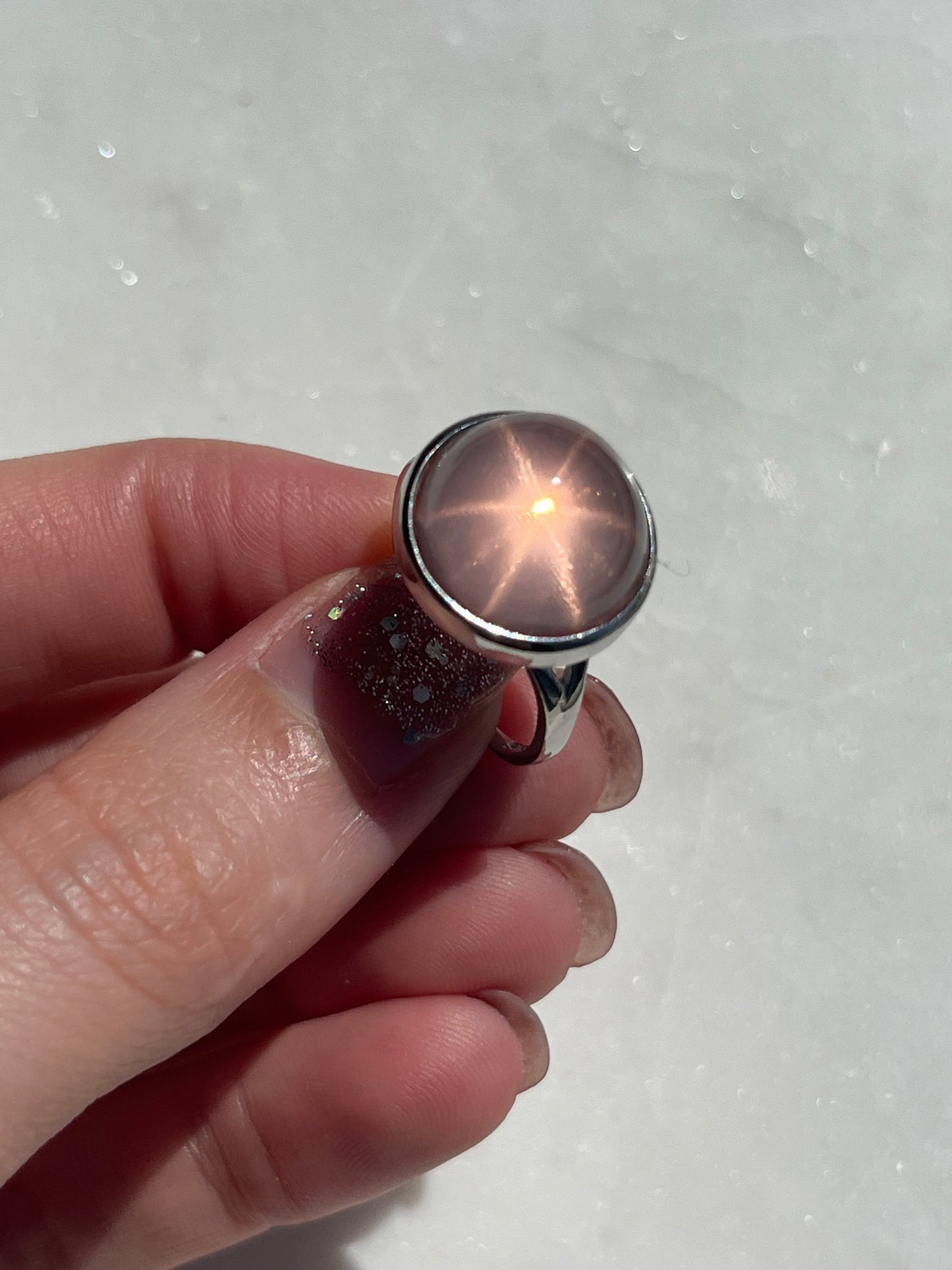 Star Rose Quartz Adjustable Ring (925 Sterling Silver)