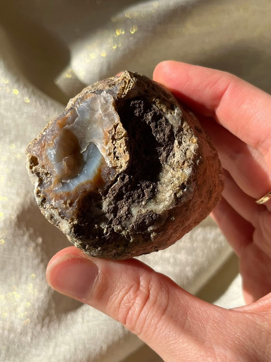 Pastel Blue Orange Laguna Agate Specimen with Metallic Inclusions