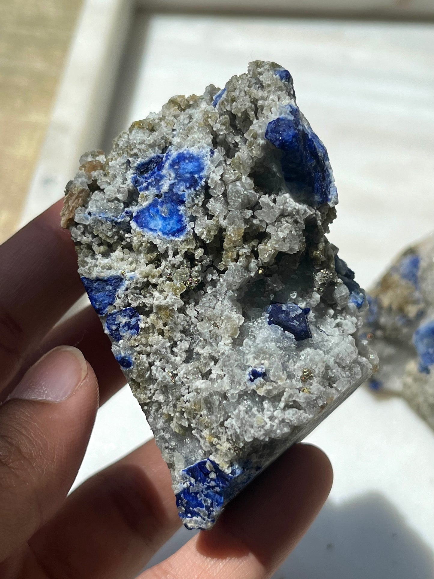 Lazurite specimen on white marble matrix w/ pyrite (Quality 2) - Lot 6