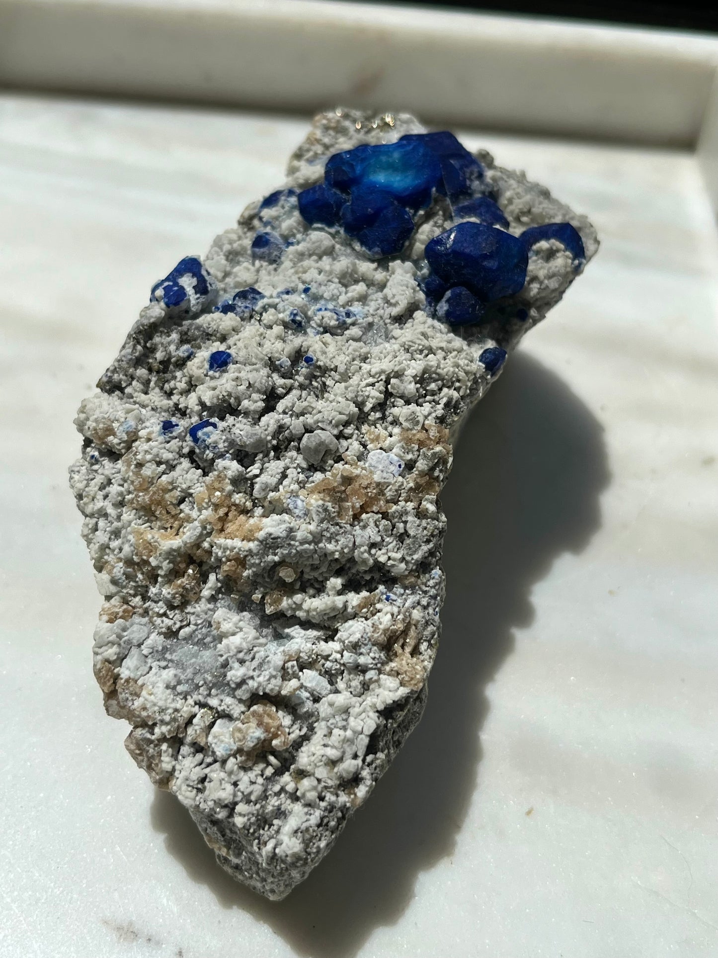 Statement Lazurite specimen on white marble matrix w/ pyrite (Quality 1)