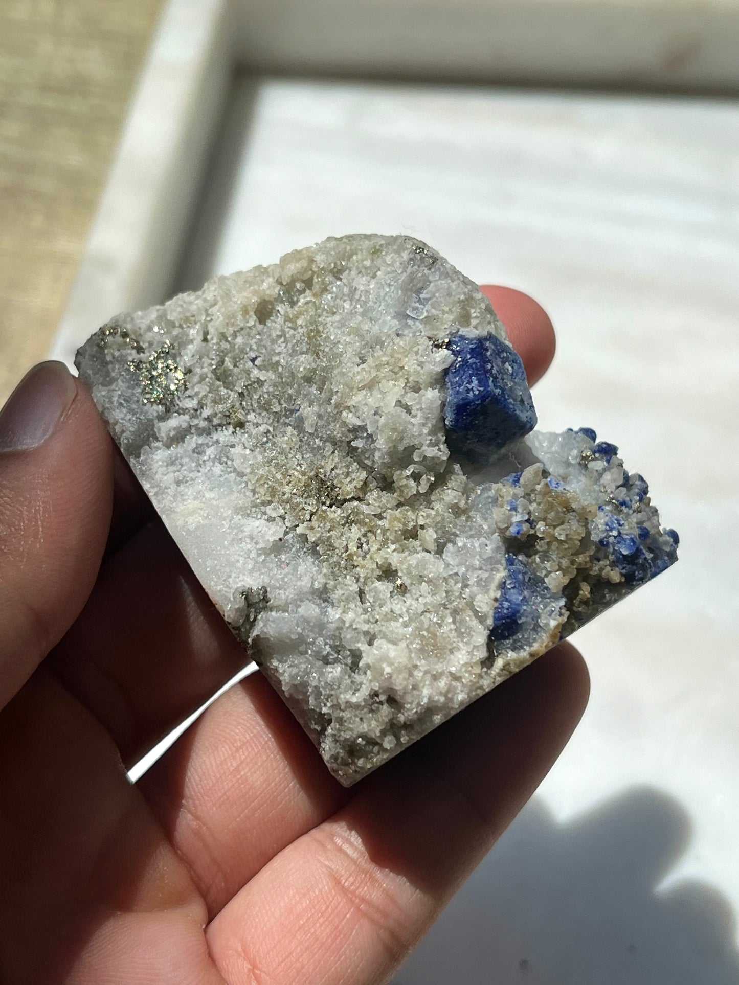 Lazurite specimen on white marble matrix w/ pyrite (Quality 2) - Lot 6