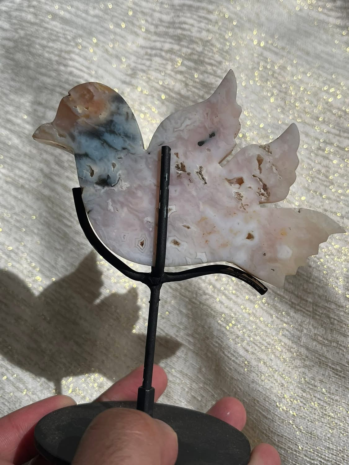 Druzy Pink Plume Agate Bird Carving on Stand