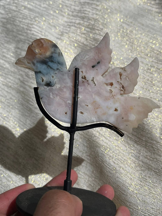 Druzy Pink Plume Agate Bird Carving on Stand