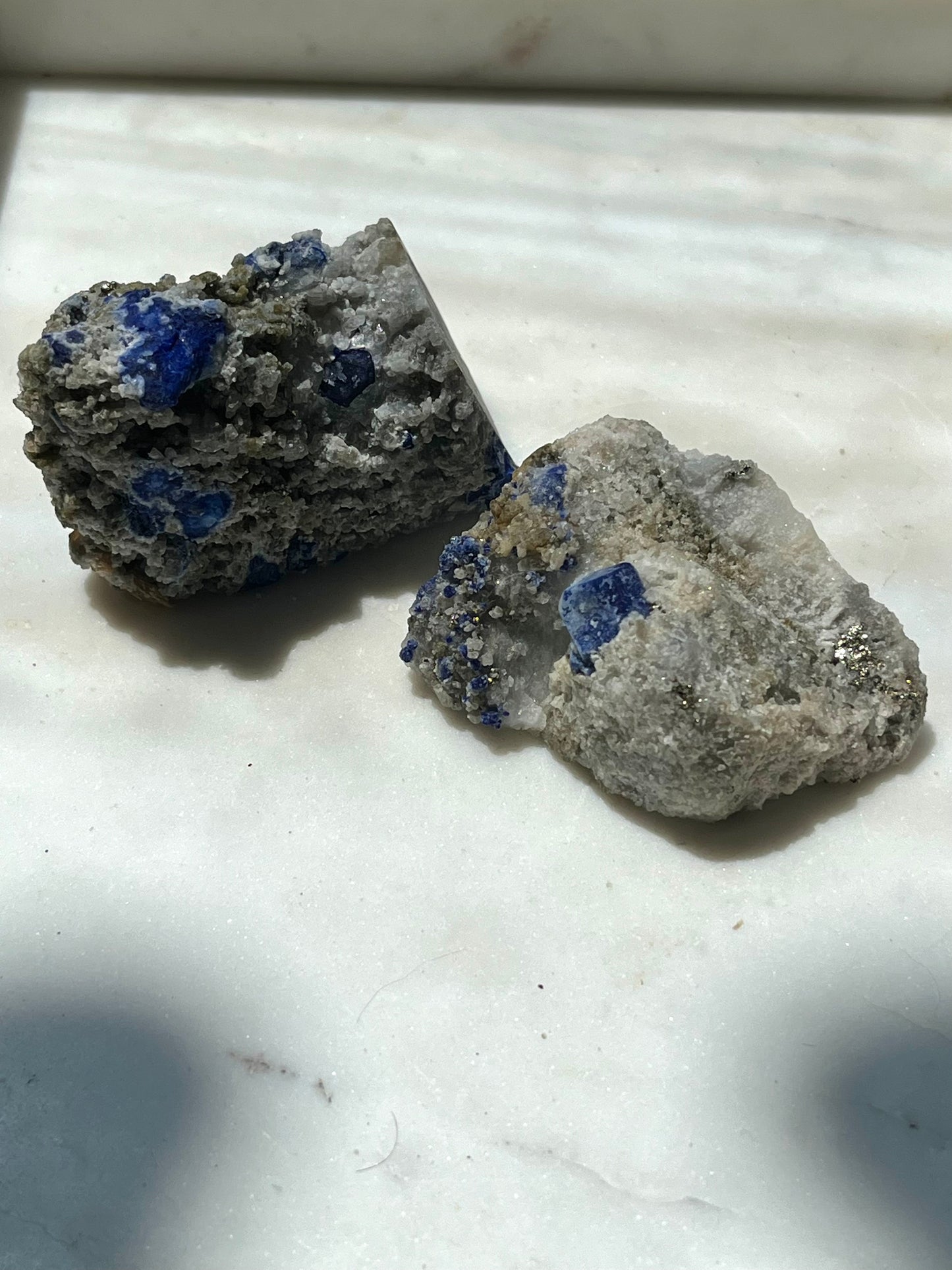 Lazurite specimen on white marble matrix w/ pyrite (Quality 2) - Lot 6