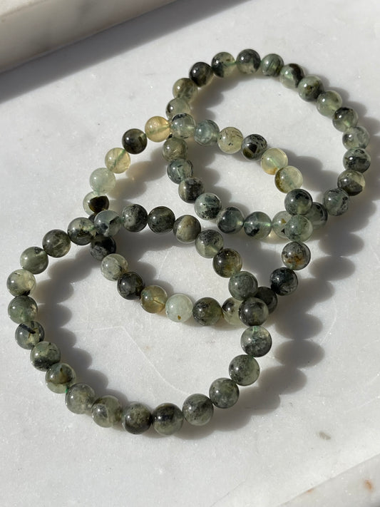 Prehnite with Epidote Inclusions 8mm Bead Bracelet