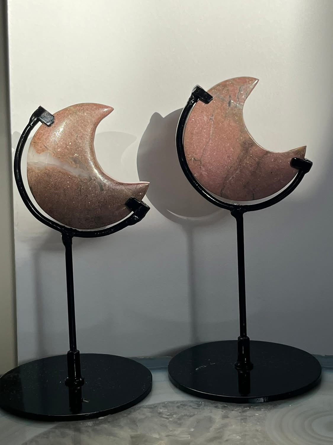 Indonesian Pastel Pink Rhodonite Moon on Stand Set A