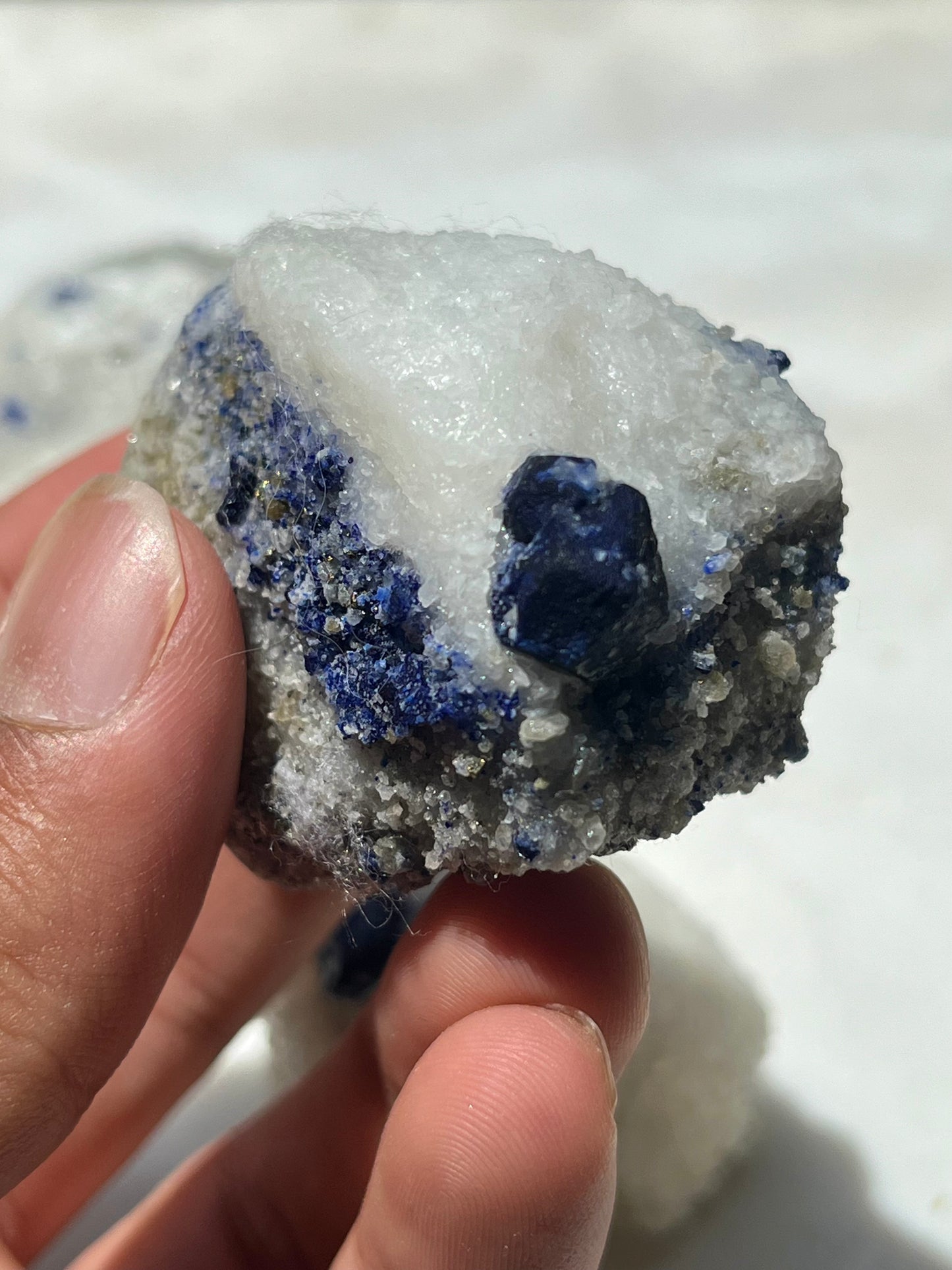 Lazurite specimen on white marble matrix w/ pyrite (Quality 1) - Lot 4