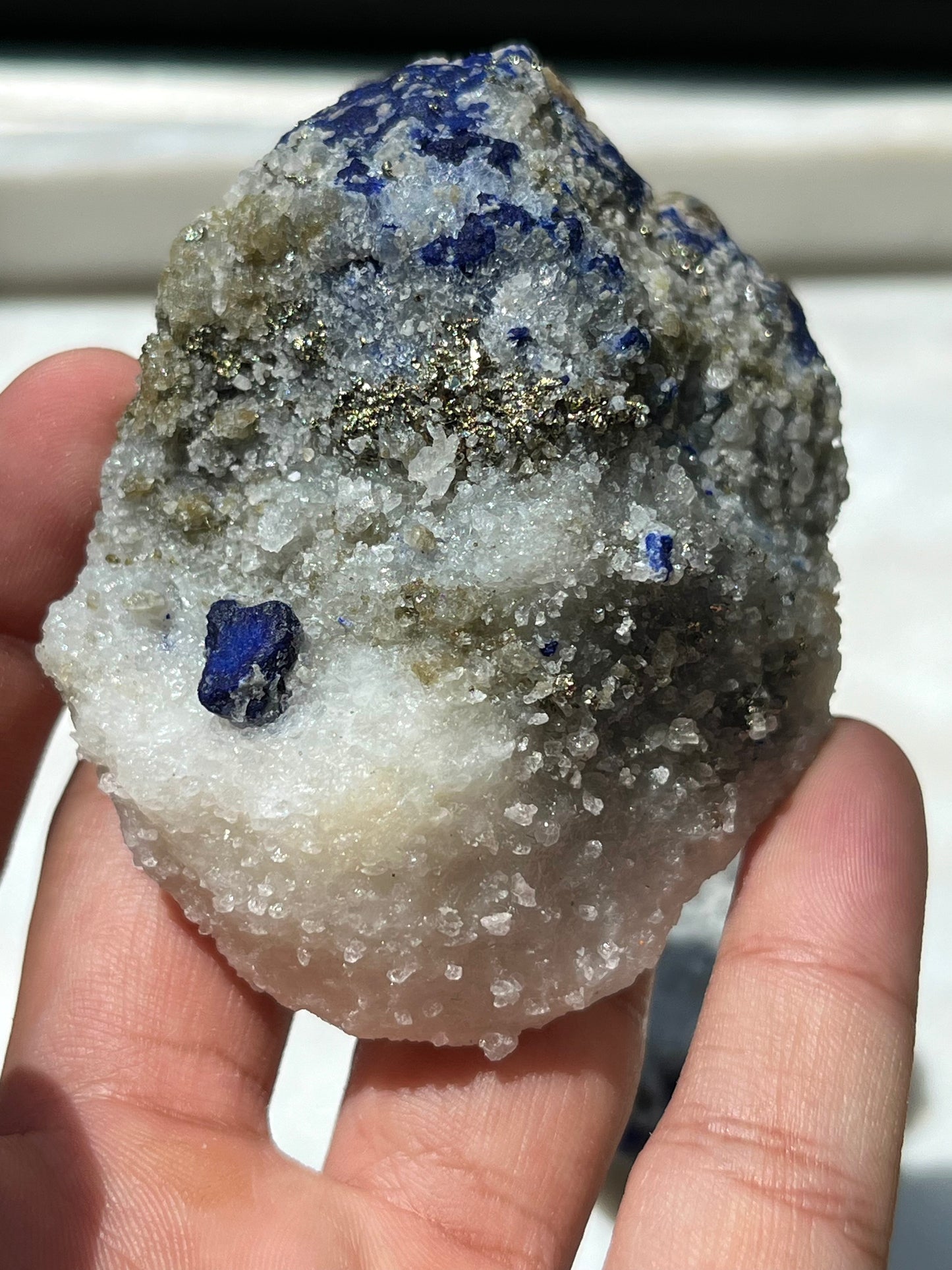 Lazurite specimen on white marble matrix w/ pyrite (Quality 2) - Lot 9