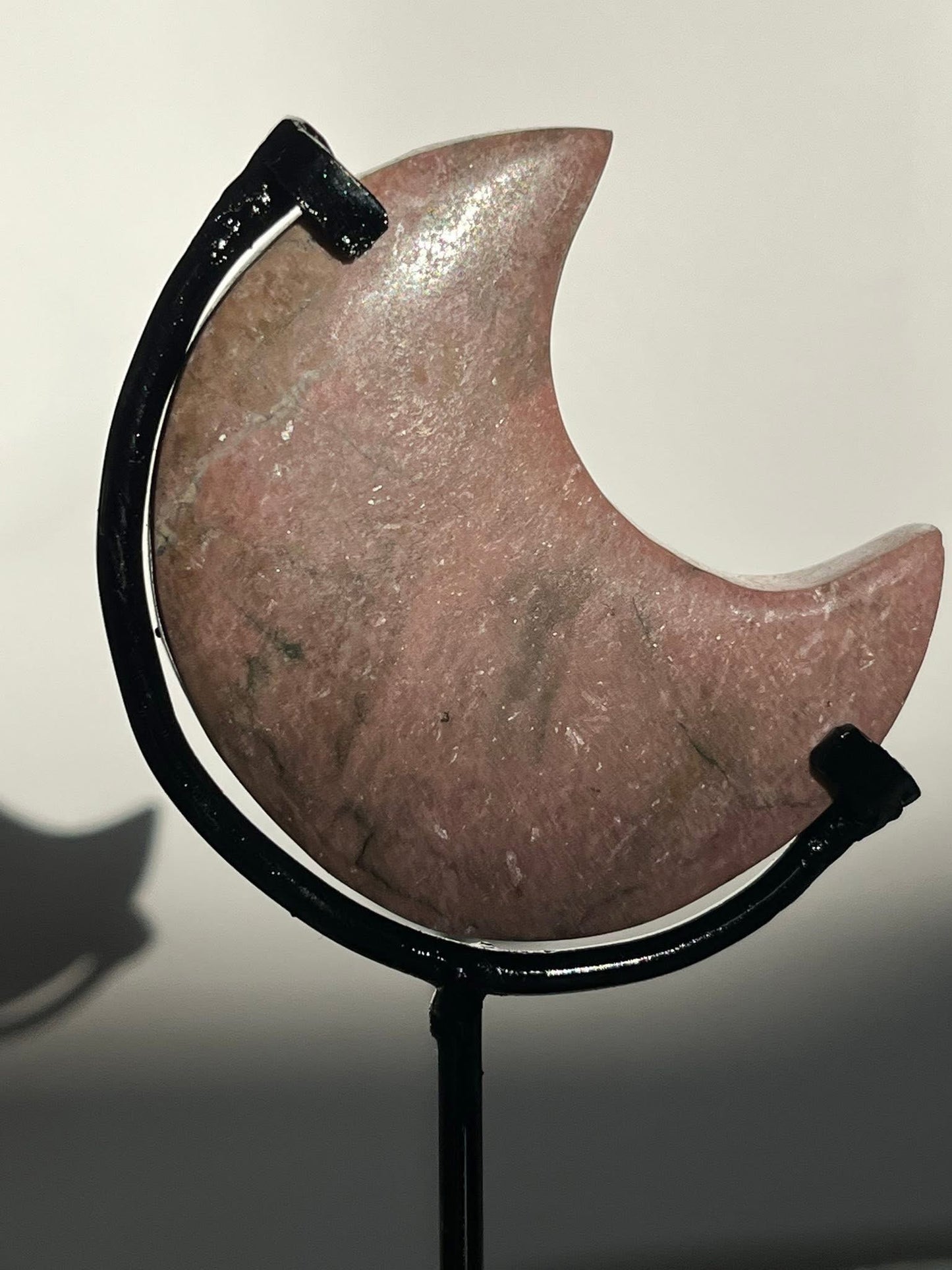 Indonesian Pastel Pink Rhodonite Moon on Stand Set C