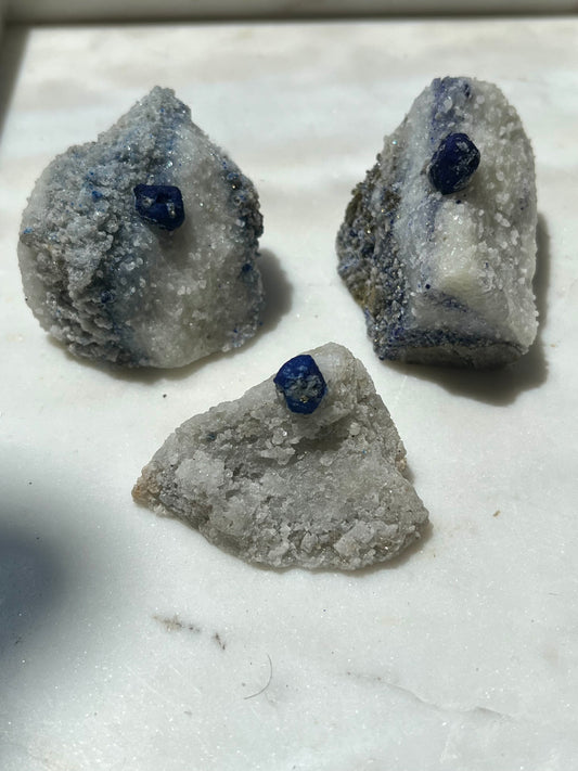 Lazurite specimen on white marble matrix w/ pyrite (Quality 1) - Lot 5