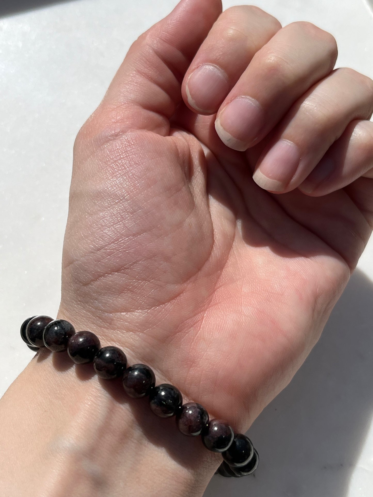 Arfvedsonite and Garnet 8mm Bead Bracelet