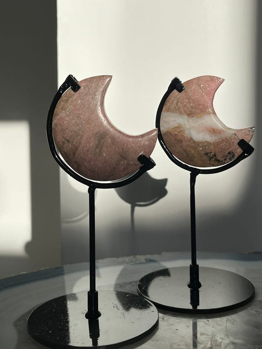 Indonesian Pastel Pink Rhodonite Moon on Stand Set C