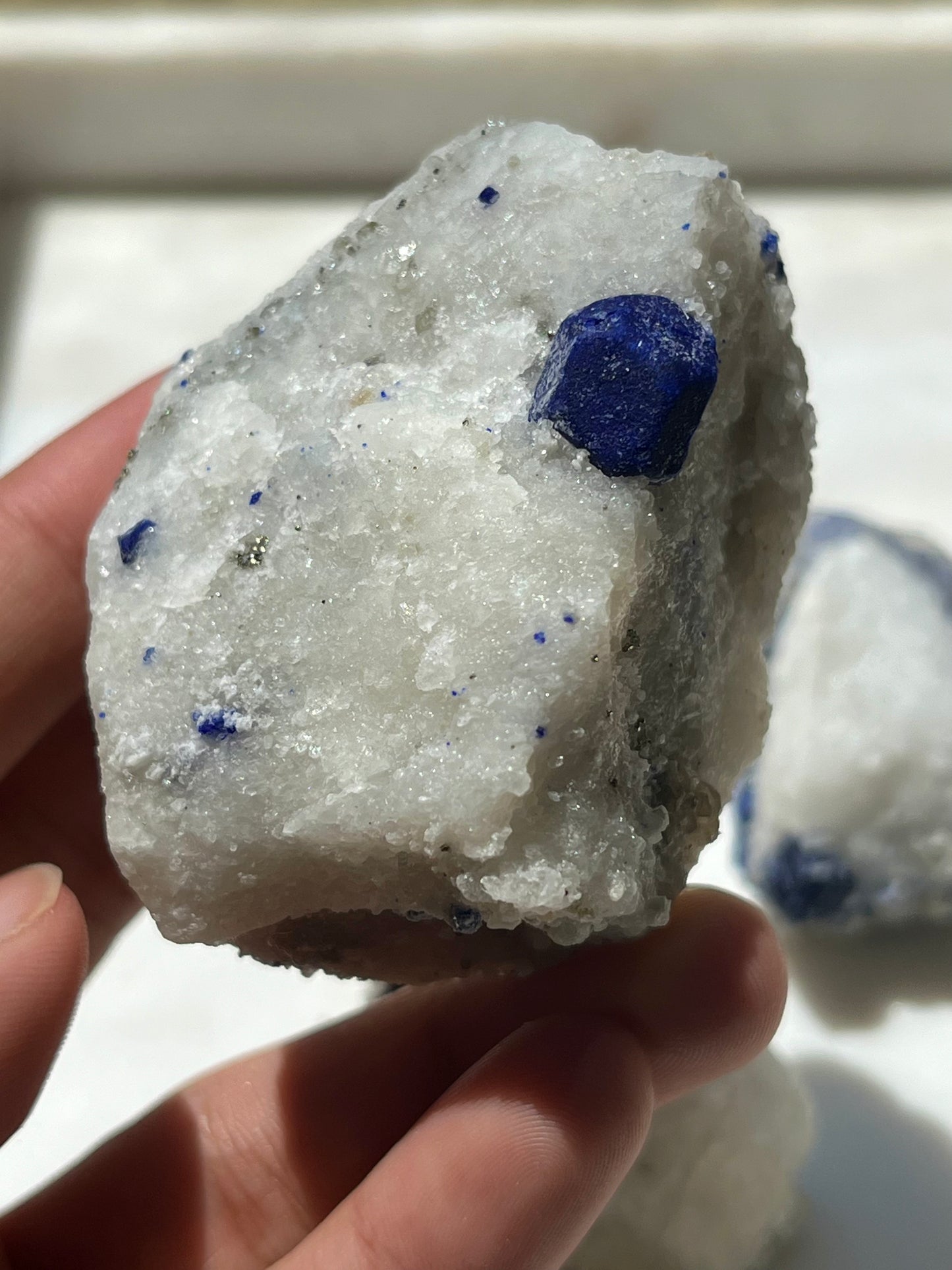 Lazurite specimen on white marble matrix w/ pyrite (Quality 1) - Lot 4