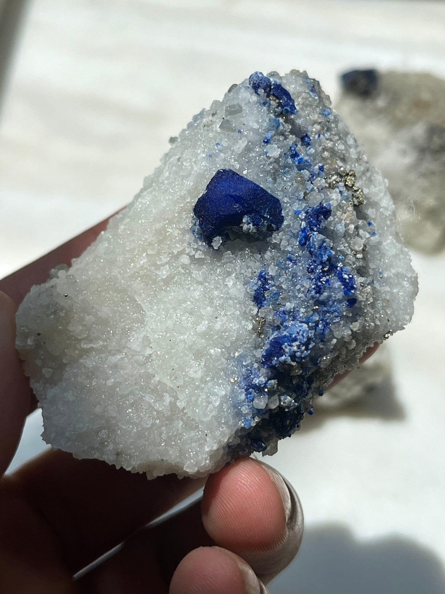 Lazurite specimen on white marble matrix w/ pyrite (Quality 2) - Lot 10