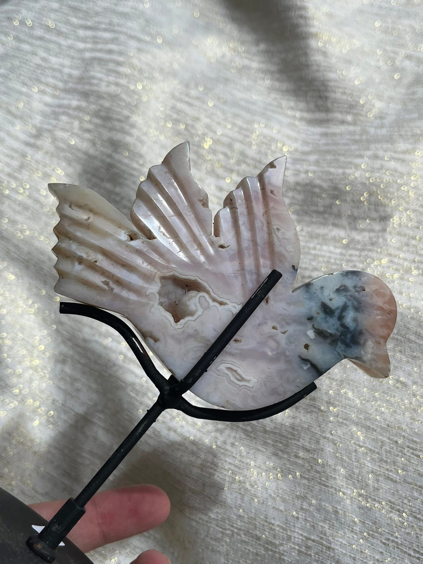 Druzy Pink Plume Agate Bird Carving on Stand