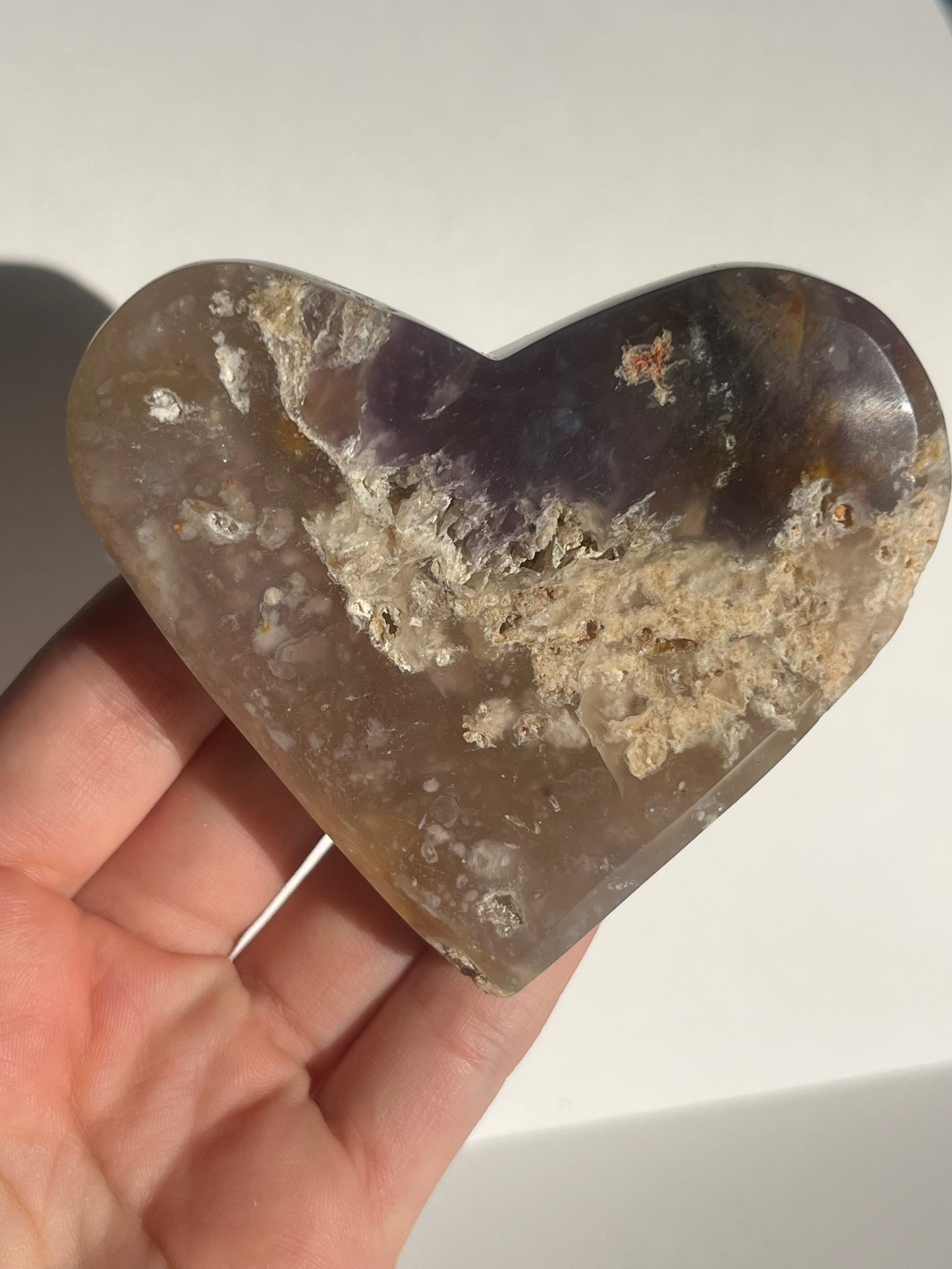 Purple Chalcedony with Flower Agate Heart Carving Set (2 pieces)