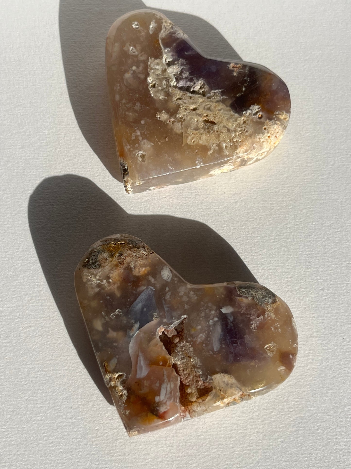 Purple Chalcedony with Flower Agate Heart Carving Set (2 pieces)