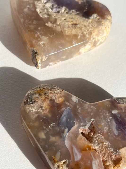 Purple Chalcedony with Flower Agate Heart Carving Set (2 pieces)