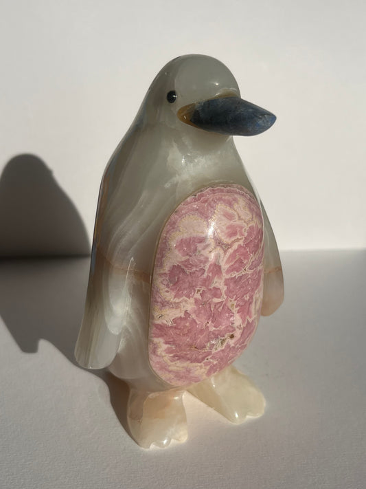 Rhodochrosite, Calcite and Lapis Lazuli Penguin Carving