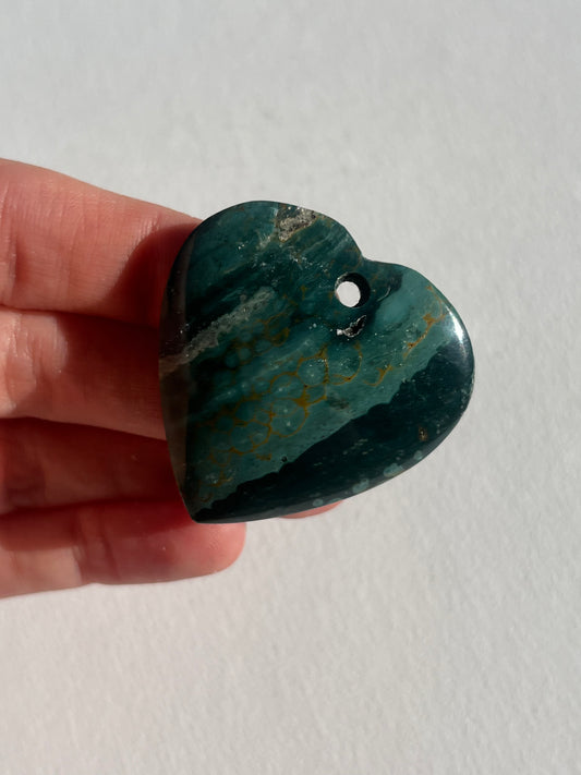 Dark Green Sea Jasper Drilled Heart Pendant