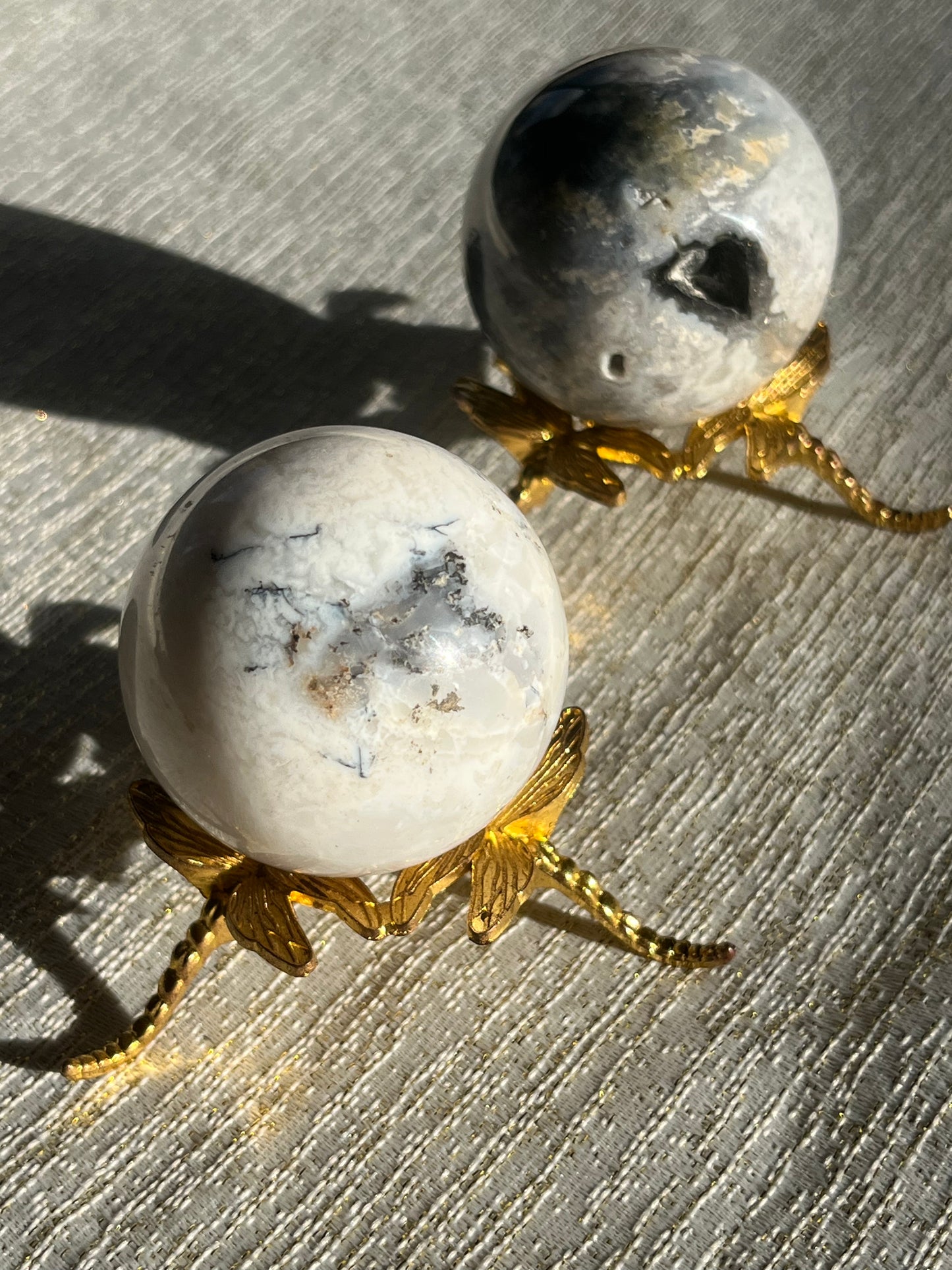 Snow Agate & Storm Plume Agate Sphere Set (2 spheres)