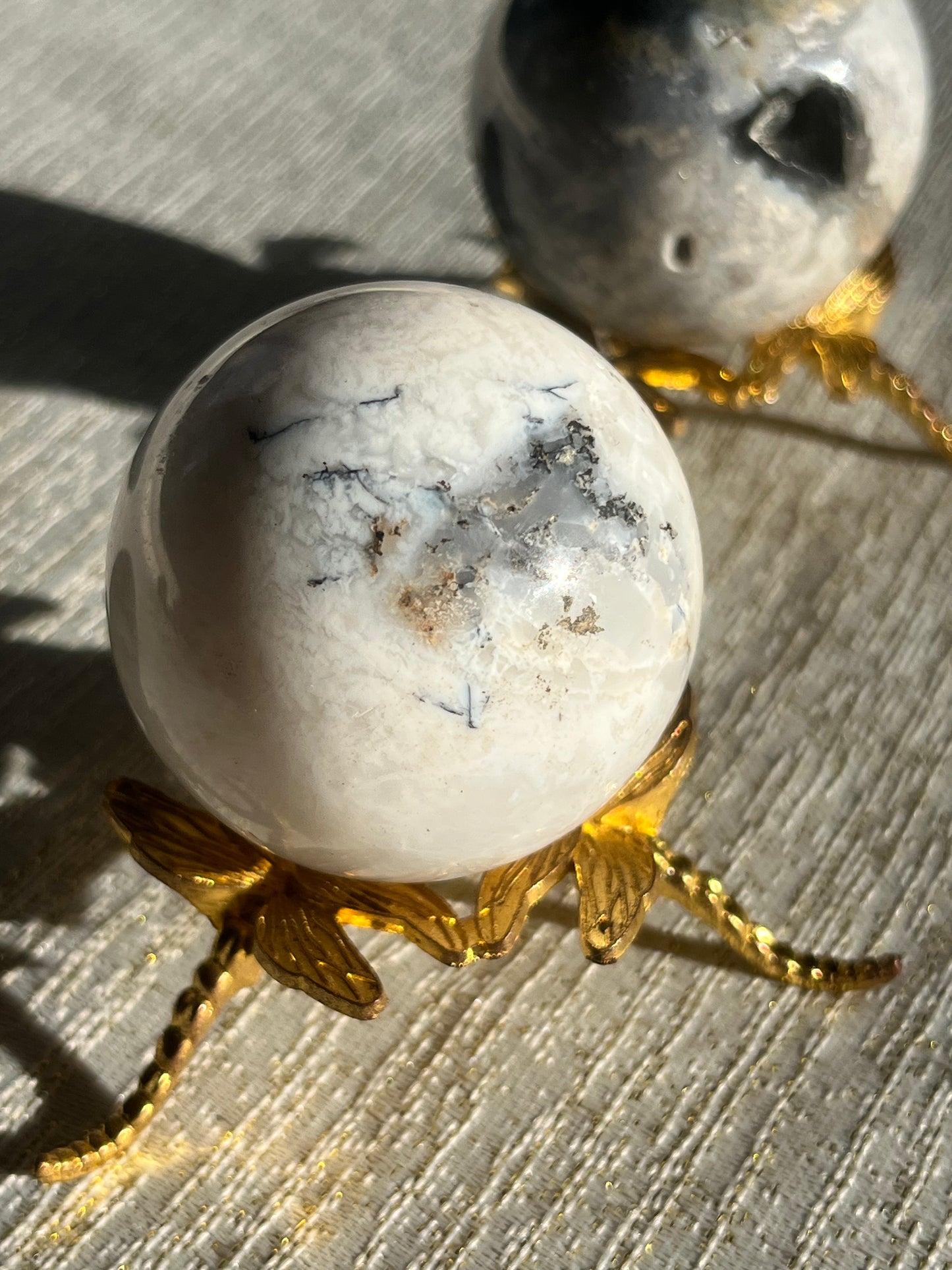 Snow Agate & Storm Plume Agate Sphere Set (2 spheres)